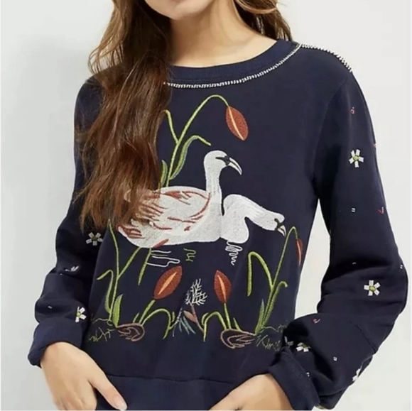 Anthropologie Swan Lake Embroidered & Bead Embellished Crewneck Sweatshirt - Picture 2 of 11